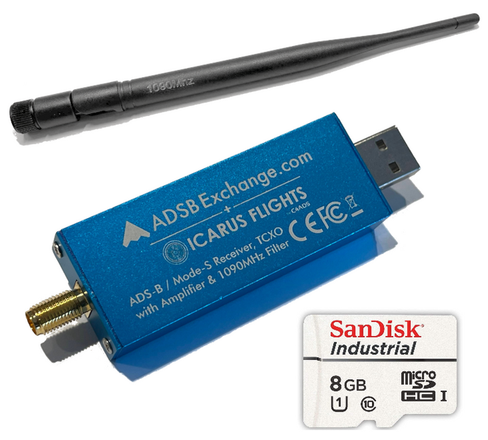 ADSBexchange.com Blue R820T2 RTL2832U, 0.5 PPM TCXO ADS-B SDR w/Amp and 1090 Mhz Filter, Antenna, & Software on Industrial MicroSD